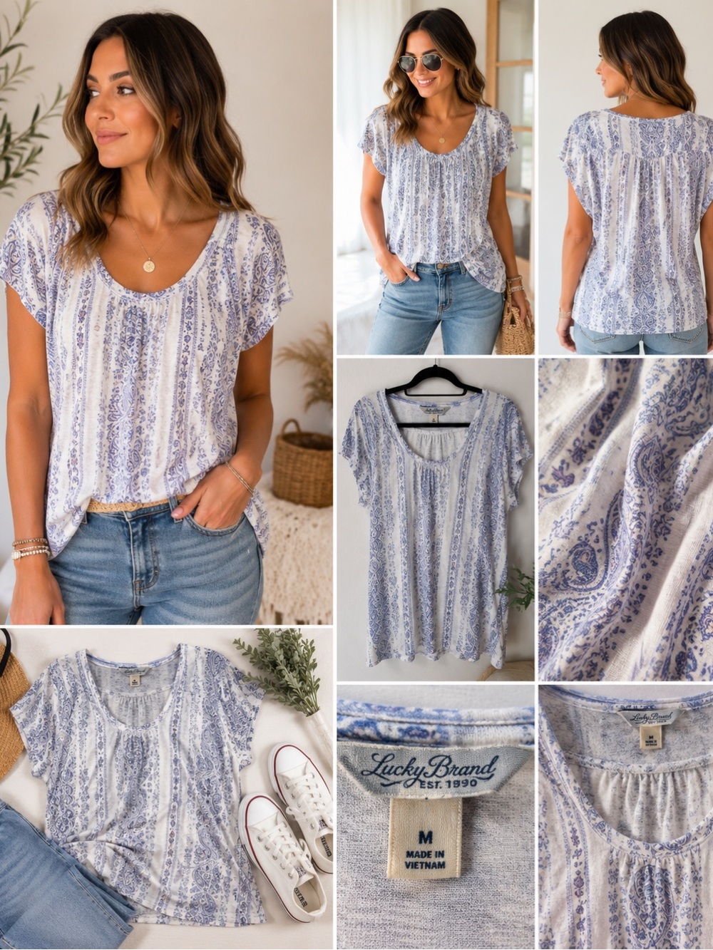 Lucky Brand Top Medium Blue White Paisley Linen Blend Bohemian Flutter Sleeves